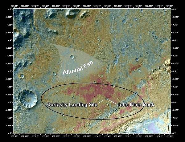 Искусственно раскрашенная карта кратера Гейла с указанием места посадки Curiosity, камня Джон Клейн и веера аллювиальных отложений, указывающих на древние ручьи.
