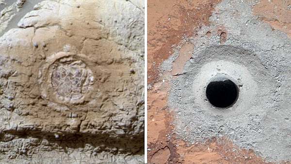 Отметина, оставленная ровером Opportunity (слева), и скважина, созданная Curiosity.
