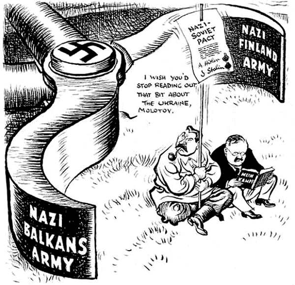 Карикатура из британской Daily Mail (1 мая 1941 года). Сталин говорит Молотову, который сидит с книгой Гитлера: «Хватит читать этот кусок об Украине». Источник: cartoons.ac.uk