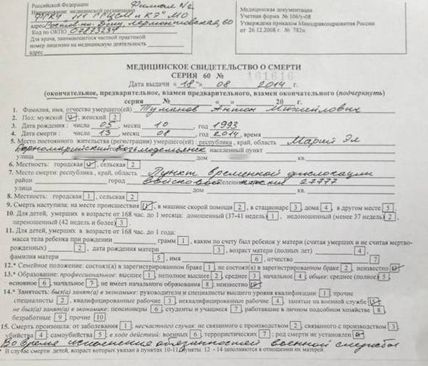 Все документы, которые получила мать Антона Туманова после его смерти  
