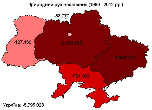 Естественный пророст (естественная убыль) населения по областям (1990 — 2012 гг.):