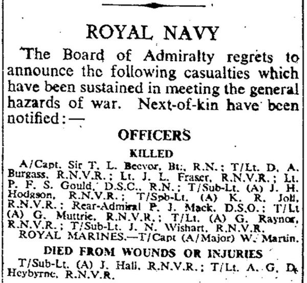 Повідомлення у газеті The Times від 4 червня 1943 про загибель офіцера Королівської морської піхоти майора Мартіна