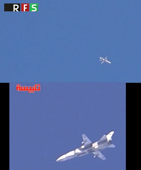 Вверху: кадр видео RFS Media Office; внизу: Су-24 ВКС РФ в районе населенного пункта Телль-Биса, март 2016 г