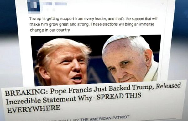 Неправдивая новость о том, что Папа Франциск поддержал кандидатуру Д. Трампа на выборах, стала весьма популярной в Facebook