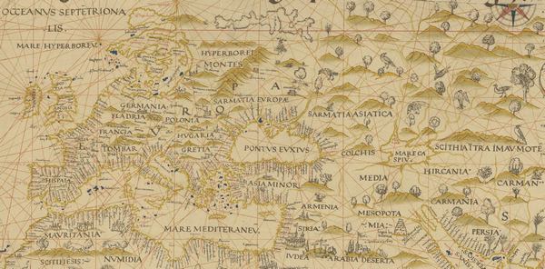 Фрагмент іспанської карти Propoganda 1529 року, де на місці Московії нічого немає, а Україна називається Сарматією Європейською. Скан: Bnf.fr