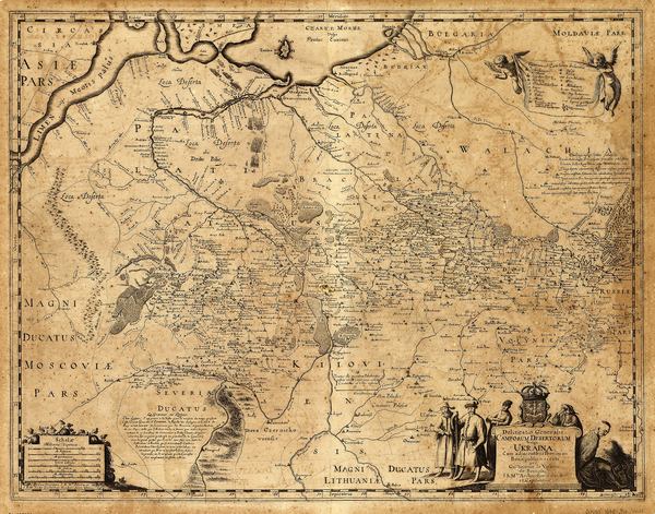 Пустынные равнины, которые называли Украиной, и соседние территории на карте Delineatio generalis Camporum Desertorum vulgo Ukraina: cum adjacentibus provinciis 1648 року. Зверніть увагу, що карта «вгорі ніг»: північ – внизу, південь – зверху. Скан: Loc.gov