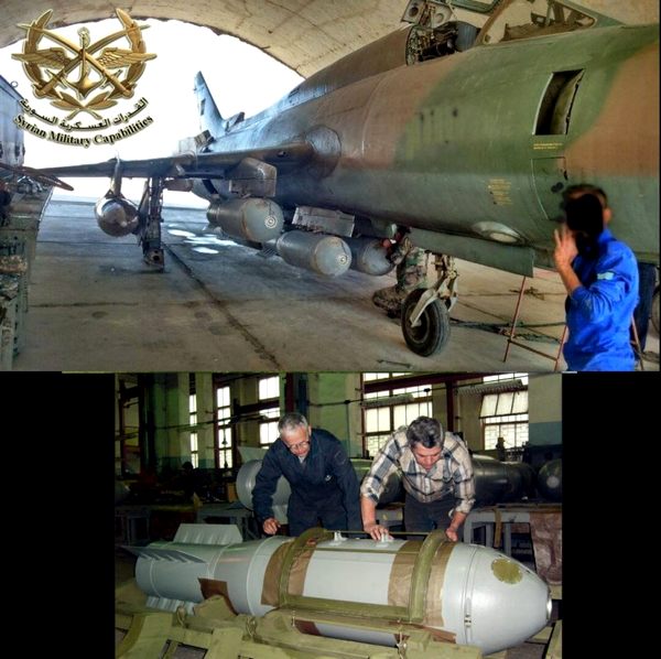 Вверху: сирийский Су-22 с бомбами под крылом; внизу: авиабомба ОДАБ-500ПМВ