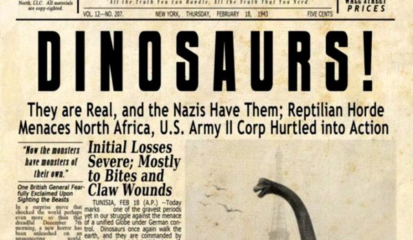 Фейковая новость в старом печатном издании от 1943 года гласит о том, что диназавры существует и что они представляют угрозу для США