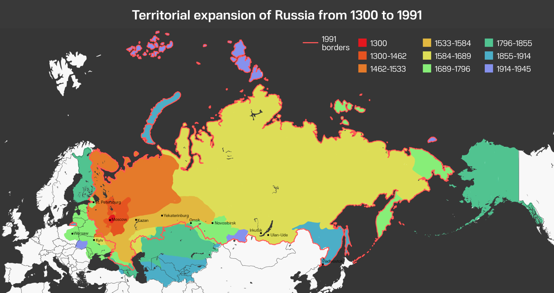Територіальна експансія Росії: карта, що показує, як російська держава розширювалася шляхом завоювань і колонізації протягом шести століть, приєднуючи до себе різноманітні землі і народи по всій Євразії. Ілюстрація: United24 Media