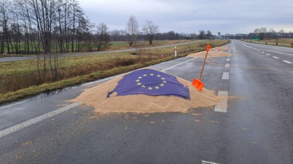 Польські фермери висипали зерно з кількох українських вантажівок на дорогу / ФОТО: FARMER.PL