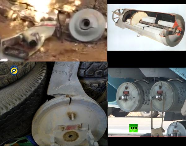 Вверху слева: «крышка» и суббоеприпасы зажигательной кассеты РБК-250 ЗАБ-2,5, 2012 год, Сирия; вверху справа: зажигательная кассета РБК-250 ЗАБ-2,5М, брошюра НПО «Базальт», с. 40; внизу слева: «крышка» бомбовой кассеты, обнаруженная в Эр-Растане в октябре 2016 года; внизу справа: разовая бомбовая кассета РБК-500 ЗАБ-2,5СМ, видео RT