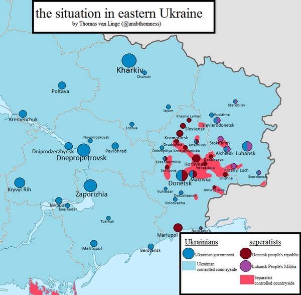 Где сепаратисты проводили свой так называемый «референдум». Синее и голубое — правительственные силы и свободная от террористов украинская территория. Красные и фиолетовые пятна — территория, на которой боевики пытались провести свой «референдум» (карта — twitter.com/arabthomness)