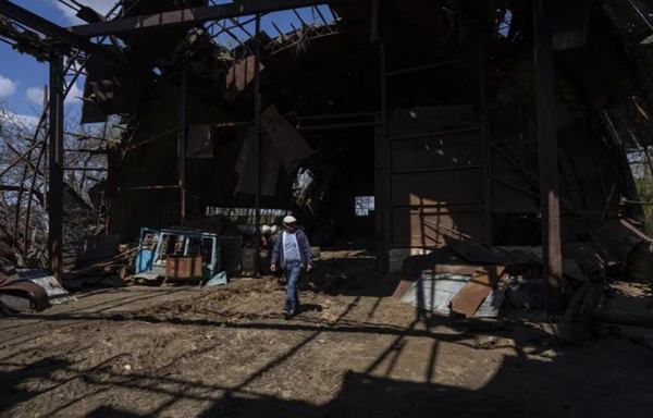 Олег Ушкало оглядає свою зруйновану окупантами ферму. Фото: АР