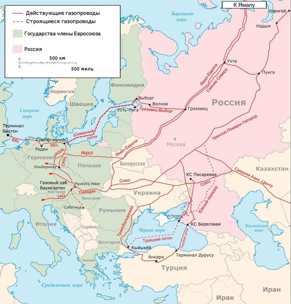 Схема существующих и планирующихся магистральных экспортных газопроводов из России в Европу