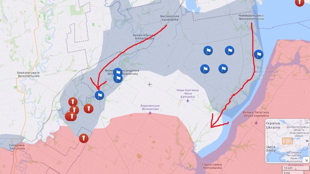 Два фланги наступу українських військ на Херсонщині вздовж Інгульця і Дніпра. джерело: liveuamap.com  