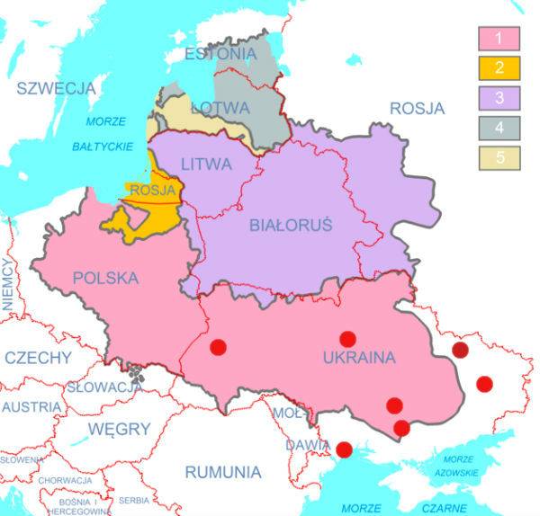 Красные точки показывают расположение крупнейших городов современной Украины — Львов, Киев, Одесса, Днепропетровск, Запорожье, Харьков и Донецк