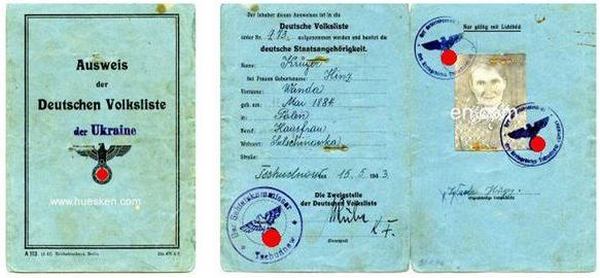 Посвідчення члена Німецького народного списку України («фольксдойче»), видане 1943 року.
