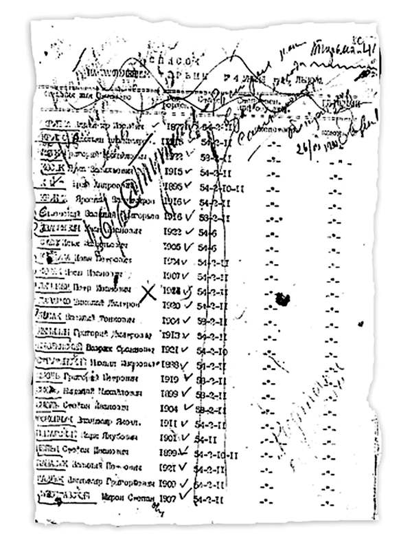 Один из «расстрельных» списков тюрьмы № 4 (Бригидки), г. Львов.  26.06.1941 г.