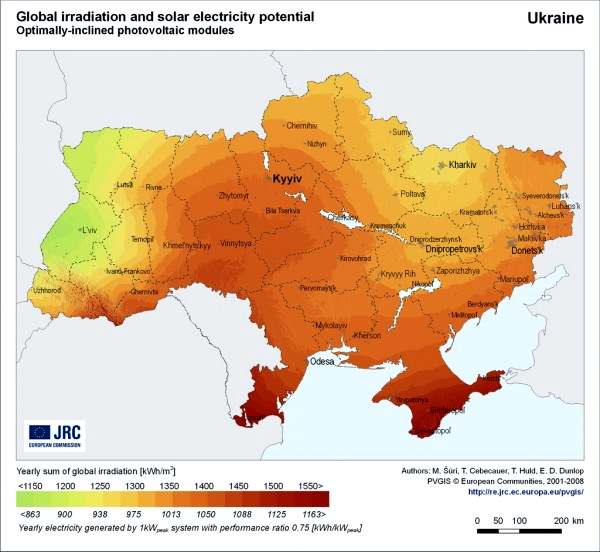 Карта инсоляции Украине. Как видим, с солнечной энергией у нас все хорошо