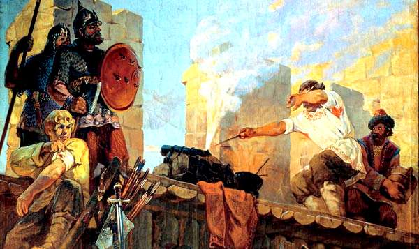 Оборона Москвы от войск Тохтамыша. В августе 1382 года ордынцы взяли и разграбили город, погибли 24 тысячи человек