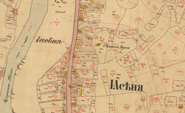 Церква Зіслання Св. Духа на кадастровій карті Ясині 1863 року