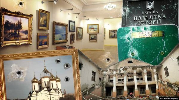Фото:  Фотоколаж, на якому зображені пошкоджені об'єкти культурної спадщини Укра