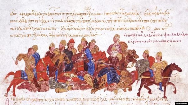 Печеніги нападають на князя Святослава. Мініатюра з рукопису Іоанна Скилиці, XII