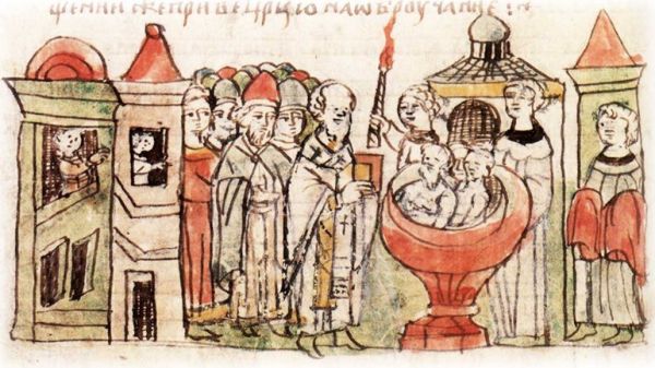 Фото:  Хрещення дружини князя у Корсуні. Мініатюра з Радзивилівського літопису