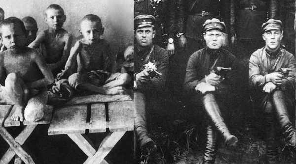 Діти під час Голодомору (зліва) і члени розстрільної команди НКВД, залучені до "