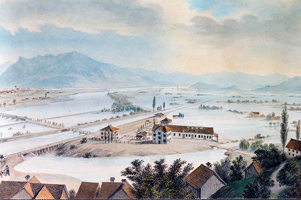   Наводнение в регионе Ау (Au), 1868 год, кантон Санкт-Галлен. Акварель. (Staats